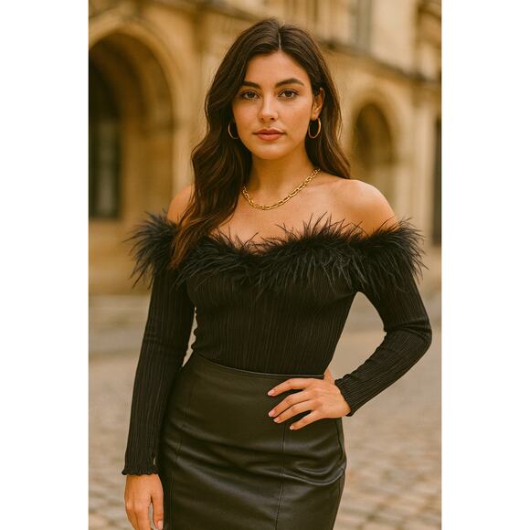 Jackie Jon 90s Feather Trim Off Shoulder Blouse Black 10 Mob Wife Vintage Goth - Picture 1 of 4